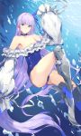  1girl bangs bare_shoulders blue_eyes blue_ribbon blue_swimsuit breasts fate/grand_order fate_(series) greaves hair_ribbon highres long_hair long_sleeves looking_at_viewer mao_ten_go meltryllis meltryllis_(swimsuit_lancer)_(fate) one-piece_swimsuit puffy_sleeves purple_hair ribbon sleeves_past_fingers sleeves_past_wrists small_breasts solo swimming swimsuit thighs underwater very_long_hair 