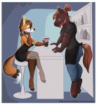  2019 4_toes 5_fingers alcohol anthro bar barefoot bartender beard beverage biped black_clothing black_dress black_hooves black_nose black_shirt black_topwear blue_bottomwear blue_clothing blue_eyes blue_pants border bottle bottomwear breasts brown_claws brown_eyebrows brown_fur brown_hair brown_tail canid canine claws clothed clothing counter digital_media_(artwork) dress duo equid equine eye_contact eyebrows facial_hair female fingerless_(marking) fingers fox fully_clothed fur glass green_eyes hair hair_bun hi_res holding_glass holding_object hooves horse jeans juxzebra looking_at_another male male/female mammal mocha_(mochalattefox) multicolored_tail orange_fur orange_tail pants shirt short_hair sitting standing stool tahoe toe_claws toeless_(marking) toes topwear url white_border white_fur white_tail wine yellow_fur 