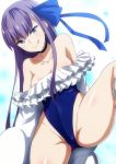  blue_eyes fate/grand_order fate_(series) frills hera_(hara0742) highres long_hair meltryllis meltryllis_(swimsuit_lancer)_(fate) one-piece_swimsuit purple_hair ribbon swimsuit very_long_hair 