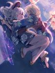  2girls blonde_hair blue_eyes braid commentary_request eyebrows_visible_through_hair eyes_visible_through_hair fallen_down fireworks food french_braid g36_(girls_frontline) g36c_(girls_frontline) girls_frontline grey_hair ice_cream ice_cream_cone japanese_clothes kimono multiple_girls puddle red_eyes sandals shuzi siblings sisters summer_festival yukata 