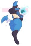  anthro bandage big_butt blue_fur butt fur hi_res kilinah looking_at_viewer looking_back lucario male nintendo pok&eacute;mon pok&eacute;mon_(species) rear_view red_eyes signature simple_background spike_(disambiguation) tattoo thick_thighs video_games 