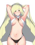  1girl adapted_costume armpits arms_up bangs blonde_hair blush body_blush breasts breasts_apart collarbone commentary_request cowboy_shot dean diagonal_bangs green_eyes hands_in_hair highres long_hair looking_at_viewer lusamine_(pokemon) medium_breasts navel parted_lips pokemon pokemon_(game) pokemon_sm smile solo stomach straight_hair swimsuit thigh_gap very_long_hair white_swimsuit 