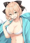  1girl :d ahoge bangs bikini black_bow bow breasts brown_eyes brown_hair cleavage collarbone fate/grand_order fate_(series) hair_between_eyes hair_bow half_updo hand_up haori highres japanese_clothes large_breasts looking_at_viewer navel okita_souji_(fate) okita_souji_(fate)_(all) open_mouth short_hair smile solo swimsuit upper_body v-shaped_eyebrows white_bikini yuzu-aki 