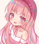  1girl :d bangs bare_shoulders blunt_bangs blush brown_background collarbone dress eyebrows_visible_through_hair facial_mark hairband long_hair looking_at_viewer lowres open_mouth original pink_dress pink_hair pink_hairband purple_eyes satori_(ymoy) shirt simple_background smile solo strap_slip symbol-shaped_pupils upper_body very_long_hair white_shirt 
