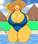  absurd_res animal_crossing beach big_breasts breasts canid canine canis clothing domestic_dog hat headgear headwear hi_res huge_breasts isabelle_(animal_crossing) mammal nintendo seaside solo swimwear video_games zeromccall 