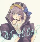  1girl :q animal_costume aqua_background bangs bikini bikini_under_clothes black_bikini blue_bow bow character_name commentary_request fate/grand_order fate_(series) hood hoodie long_hair looking_at_viewer meltryllis meltryllis_(swimsuit_lancer)_(fate) penguin_costume penguin_hood purple_eyes purple_hair shino_chiyo sleeves_past_fingers sleeves_past_wrists solo swimsuit thighs tongue tongue_out 