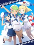  3girls alternate_costume anchor_symbol arm_around_back arm_up artist_name bangs beret blonde_hair blue_bow blue_eyes blue_footwear blue_hair blue_neckwear blue_sailor_collar blue_shorts blue_sky blush bow breasts chestnut_mouth closed_mouth cloud collarbone dark_skin day dutch_angle english_text eyebrows_visible_through_hair flat_chest green_eyes green_hair hair_bow hair_ornament hair_tie hand_up happy hat highres leg_up lifebuoy light_blush lillie_(pokemon) long_hair looking_at_viewer mao_(pokemon) mei_(maysroom) midriff midriff_peek miniskirt multiple_girls neckerchief one-piece_swimsuit one_eye_closed open_mouth outdoors pearl_(gemstone) pleated_skirt poke_ball_symbol poke_ball_theme pokemon pokemon_(game) pokemon_sm ponytail sailor_collar sailor_shirt salute sandals school_uniform seashell serafuku shell shiny shiny_hair shirt shoes short_hair short_sleeves shorts signature skirt sky small_breasts smile standing standing_on_one_leg starfish striped_footwear suiren_(pokemon) swept_bangs swimsuit swimsuit_under_clothes teeth tied_hair tilted_headwear tongue tongue_out trial_captain twintails white_headwear white_shirt white_skirt 