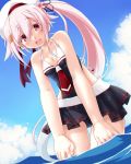  1girl adapted_costume beret blue_hair breasts cleavage dd_(ijigendd) flower gradient_hair hair_flaps hair_flower hair_ornament hair_ribbon harusame_(kantai_collection) hat highres kantai_collection looking_at_viewer multicolored_hair one-piece_swimsuit pink_hair red_eyes ribbon side_ponytail smile solo swimsuit 