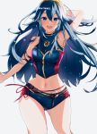  1girl alternate_costume arm_behind_head armpits bare_shoulders blue_eyes blue_hair blue_shorts blush commentary_request crop_top fire_emblem fire_emblem_awakening fire_emblem_heroes highres hip_focus long_hair looking_at_viewer lucina_(fire_emblem) navel nekolook open_mouth red_ribbon ribbon shirt short_shorts shorts sleeveless sleeveless_shirt thighs tiara 