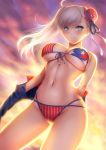  1girl american_flag_bikini ass_visible_through_thighs backlighting bangs bikini blue_eyes blue_ribbon blush breasts bun_cover cloud cloudy_sky commentary_request cowboy_shot evening eyebrows_visible_through_hair fate/grand_order fate_(series) flag_print front-tie_bikini front-tie_top hair_ribbon highres large_breasts long_hair looking_at_viewer masatoki miyamoto_musashi_(fate/grand_order) miyamoto_musashi_(swimsuit_berserker)_(fate) navel outdoors parted_lips pink_lips ribbon sky smile solo star star_print stomach striped sunlight swept_bangs swimsuit underboob undressing vertical-striped_bikini vertical_stripes 
