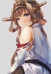  1girl ahoge bare_shoulders blush breasts brown_hair detached_sleeves double_bun grey_background hairband headgear japanese_clothes kantai_collection kongou_(kantai_collection) konkito long_hair looking_at_viewer looking_back nontraditional_miko pouty_lips simple_background solo 