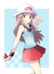  1girl arm_up artist_name bare_shoulders blue_(pokemon) blue_background blue_shirt blush border breasts brown_eyes brown_hair closed_mouth eyebrows_visible_through_hair happy hat holding holding_poke_ball leg_up licking_lips light_blush long_hair looking_at_viewer mei_(maysroom) miniskirt pleated_skirt poke_ball poke_ball_(generic) pokemon pokemon_(game) pokemon_frlg red_skirt shiny shiny_hair shiny_skin shirt signature simple_background skirt sleeveless sleeveless_shirt small_breasts smile solo standing standing_on_one_leg tongue tongue_out white_border white_headwear 
