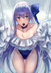  1girl absurdres bangs bare_shoulders blue_eyes blue_ribbon blush breasts candy chocolate chocolate_heart choker collarbone fate/grand_order fate_(series) food frills hair_ribbon heart highleg highleg_swimsuit highres hitomin_(ksws7544) huge_filesize long_hair long_sleeves looking_at_viewer meltryllis_(fate) meltryllis_(swimsuit_lancer)_(fate) off-shoulder_swimsuit off_shoulder one-piece_swimsuit open_mouth outstretched_arms puffy_sleeves purple_hair ribbon sleeves_past_fingers sleeves_past_wrists small_breasts swimsuit thighs very_long_hair white_ribbon 