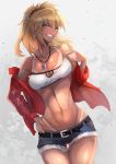  1girl bangs belt blonde_hair blush braid breasts buckle cowboy_shot denim denim_shorts eyebrows_visible_through_hair fate/grand_order fate_(series) green_eyes grin hair_ornament hand_on_hip highres jacket jewelry long_hair looking_at_viewer mordred_(fate) mordred_(fate)_(all) navel necklace off_shoulder ohako_(ohako1818) ponytail red_jacket scrunchie short_shorts shorts simple_background small_breasts smile solo stomach tan toned tsurime 