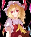  1girl absurdres ascot bangs black_background blonde_hair chikawa_shibainu collarbone commentary_request crystal flandre_scarlet frilled_shirt_collar frills hair_between_eyes hat hat_ribbon highres holding holding_stuffed_animal long_hair looking_at_viewer mob_cap one_side_up partial_commentary puffy_short_sleeves puffy_sleeves red_eyes red_ribbon red_vest ribbon shirt short_sleeves simple_background solo stuffed_animal stuffed_toy teddy_bear touhou upper_body vest white_headwear white_shirt wings yellow_neckwear 