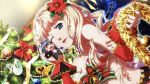 1girl bangs blonde_hair blue_eyes bra character_doll christmas_tree detached_sleeves dutch_angle eyebrows_visible_through_hair flower fur-trimmed_bra hair_flower hair_ornament holding indoors long_hair long_sleeves looking_at_viewer macross macross_frontier midriff official_art one_eye_closed open_mouth red_bra red_flower red_sleeves santa_costume sheryl_nome solo stomach strapless strapless_bra underwear 