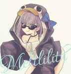  1girl :q animal_costume aqua_background bangs bikini bikini_under_clothes black_bikini blue_bow bow character_name commentary_request fate/grand_order fate_(series) hood hoodie long_hair looking_at_viewer meltryllis meltryllis_(swimsuit_lancer)_(fate) penguin_costume penguin_hood purple_eyes purple_hair shino_chiyo sleeves_past_fingers sleeves_past_wrists solo sunglasses swimsuit thighs tongue tongue_out 