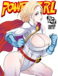  1girl artist_name belt blonde_hair blue_eyes blue_gloves breasts butcha-u cape cleavage cleavage_cutout dc_comics gloves highres leotard lips muscle power_girl red_belt red_cape short_hair solo superhero superheroine western_comics white_background white_leotard 