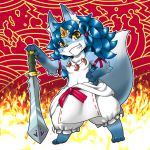  1:1 2014 abstract_background ambiguous_gender anthro blue_fur blue_hair canid canine clothed clothing concon-collector fire fox fur hair mammal melee_weapon no3512 official_art solo sword topless weapon 