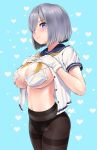  1girl bangs black_legwear black_panties blue_background blue_eyes blush breasts closed_mouth covering covering_breasts gloves hair_ornament hair_over_one_eye hairclip hamakaze_(kantai_collection) hands_on_own_chest heart kantai_collection large_breasts looking_at_viewer navel neckerchief open_clothes open_shirt panties panties_under_pantyhose pantyhose sailor_collar school_uniform serafuku shirt short_hair short_sleeves silver_hair solo surgical_mask thighband_pantyhose thighs underwear wa_(genryusui) white_gloves white_shirt yellow_neckwear 
