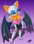  anthro bhawk big_breasts breasts brown_skin camel_toe chiropteran cleavage clothed clothing female footwear fur gloves hair handwear hi_res high_heeled_boots high_heels looking_at_viewer mammal purple_background rouge_the_bat shoes simple_background skintight_suit solo sonic_(series) spread_wings white_fur white_hair wings 