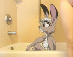  anthro anthro_focus bathing breasts brown_eyes brown_fur digital_media_(artwork) disney duo edit eyelashes female fur grummancat hi_res human jackie_hopps_(grummancat) lagomorph leporid mammal nipples nude photo_manipulation rabbit solo_focus wet zootopia 