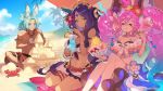  1boy 2girls animal_ears aqua_eyes armband artist_request bare_shoulders beach black_hair blue_hair blue_sky bow brain_freeze breasts bunny_ears cleavage cleo_(dragalia_lost) closed_eyes cloud commentary company_name crab dark_skin day dragalia_lost drink eating flower food fruit gradient_hair hair_bow hair_flower hair_ornament headband ice_cream jewelry large_breasts light_green_hair long_hair luca_(dragalia_lost) male_swimwear medium_breasts multicolored_hair multiple_girls musical_note navel necklace official_art palm_tree pineapple_slice pink_hair sand_castle sand_sculpture shade shore sideways_glance sitting sky smile spoken_musical_note summer swim_trunks swimsuit swimwear thighs tree twintails umbrella verica very_long_hair watermark 