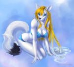  5_fingers anthro anthrof blonde_hair bra breasts canid canine clothed clothing elvofirida emale female fingers hair kneeling lingerie looking_at_viewer mammal smile solo underwear 