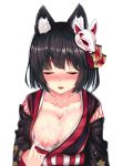  1girl animal_ear_fluff animal_ears azur_lane bangs black_hair black_kimono blunt_bangs blush breasts cat_ears cat_mask closed_eyes collarbone cum cum_on_body cum_on_breasts cum_on_upper_body facial fang fox_mask hair_ornament highres japanese_clothes karo-chan kimono kimono_pull large_breasts looking_at_viewer mask mask_on_head medium_hair nipples no_bra one_breast_out print_kimono shiny shiny_hair solo straight_hair thick_eyebrows upper_body white_background wide_sleeves yamashiro_(azur_lane) 