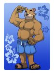  2016 5_fingers 5_toes belly biceps black_nose blue_eyes bottomwear brown_bear brown_fur chest_tuft claws clothing fingers flexing footwear fur hair hi_res hikazedragon male mammal muscular one_eye_closed pecs sandals shorts smile solo toe_claws toes tuft ursid ursine wink 