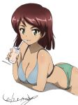  1girl ass bikini blue_bikini_top blush breasts brown_hair bukkuri cleavage collarbone dated drink girls_und_panzer green_bikini_bottom green_eyes large_breasts looking_at_viewer parted_lips shiny shiny_hair shiny_skin short_hair simple_background smile solo swimsuit swimwear tan tristana_(girls_und_panzer) white_background 