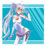  1girl absurdres alternate_costume bodysuit breasts commentary_request english_text eyebrows_visible_through_hair glasses hair_between_eyes highres iesupa long_hair looking_at_viewer medium_breasts number roosterteeth rwby scar scar_across_eye side_ponytail solo sunglasses weiss_schnee white_hair 