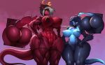  animal_humanoid anthro big_breasts big_butt breasts butt clothed clothing dragon dragon_humanoid duo female fishnet hi_res horn humanoid looking_at_viewer muscular muscular_female nipples nude skimpy smile standing thick_thighs vhsdaii wide_hips 