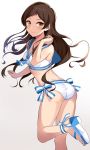  1girl ankle_ribbon asato_(fadeless) ass bikini blue_neckwear brown_eyes brown_hair clenched_hands commentary_request hand_up high_heels highres idolmaster idolmaster_million_live! idolmaster_million_live!_theater_days kitazawa_shiho long_hair looking_at_viewer looking_back neckerchief no_bangs ribbon sailor_bikini sailor_collar sailor_swimsuit_(idolmaster) sandals solo standing standing_on_one_leg striped striped_ribbon swimsuit white_bikini 