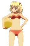  1girl 2017 absurdres artist_request ball bare_legs beachball bikini blonde_hair blue_eyes boku_wa_tomodachi_ga_sukunai cosplay female foreshortening hair_between_eyes hair_ornament hand_on_hip hasegawa_kobato highres legs long_hair looking_at_viewer open_mouth raised_eyebrows red_bikini red_eyes red_swimsuit scan solo suzumiya_bikini suzumiya_haruhi_no_yuutsu swimsuit tomboy two_side_up 