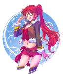  1girl absurdres alternate_costume belt casual choker commentary_request crop_top cropped_jacket fur_trim glasses green_eyes highres iesupa jacket long_hair midriff navel open_clothes open_jacket ponytail pyrrha_nikos red_hair rwby short_shorts shorts solo 