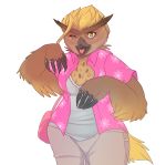  2017 alpha_channel anthro avian beak blonde_hair blush bottomwear breasts claws clothing corablue feathers female hair handbag hi_res hybrid one_eye_closed open_mouth owlbear pants shirt simple_background smile solo topwear transparent_background wide_hips yellow_eyes zowlie 