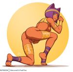  1girl alternate_costume animal_ears ankle_wrap anus armlet ass bangs biting blunt_bangs bob_cut bottomless breasts cat_ears crop_top dark_skin green_eyes headband lip_biting lips lipstick looking_at_viewer looking_back makeup medium_breasts menat nipples noise_tanker one_knee plantar_flexion purple_hair purple_lipstick pussy shirt_lift short_hair soles solo spread_pussy street_fighter street_fighter_v thigh_strap toes uncensored vambraces 