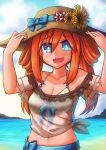  1girl absurdres alternate_costume beach blue_eyes blush breasts cleavage hair_ornament hands_on_headwear hat highres looking_at_viewer medium_breasts navel neptune_(series) novus_rue ocean open_mouth orange_hair orange_heart outdoors power_symbol see-through shin_jigen_game_neptune_vii simple_background smile solo sun_hat symbol-shaped_pupils twintails 