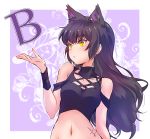  1girl absurdres animal_ears arm_ribbon bare_shoulders black_hair blake_belladonna breasts cat_ears collarbone commentary_request extra_ears eyebrows_visible_through_hair highres iesupa long_hair medium_breasts midriff navel ribbon rwby scar solo upper_body yellow_eyes 