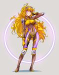  1girl absurdres ahoge blonde_hair bodysuit boots breasts brown_footwear commentary_request covered_navel cropped_jacket gloves goggles goggles_on_head highres iesupa knee_boots knee_pads large_breasts long_hair navel purple_eyes rwby skin_tight solo wavy_hair yang_xiao_long 