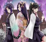  3girls animal animal_on_hand bangs black_hair black_jacket black_skirt blush butterfly_hair_ornament butterfly_on_hand character_request closed_mouth commentary_request day eyebrows_visible_through_hair fence fingernails floral_print flower hair_ornament highres holding holding_sword holding_weapon jacket japanese_clothes katana kimetsu_no_yaiba kimono kochou_shinobu long_sleeves looking_at_viewer looking_back multiple_girls obi open_clothes outdoors parted_bangs pink_kimono pink_nails pleated_skirt print_kimono profile purple_eyes purple_flower purple_hair ru_zhai sash side_ponytail skirt sleeves_past_wrists smile sword tsuyuri_kanao weapon wide_sleeves 