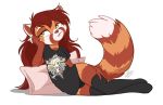  2019 ailurid anthro breasts clothed clothing digital_media_(artwork) dvixie eyebrows eyelashes female fingers green_eyes hi_res lying mammal on_side red_panda simple_background solo white_background 