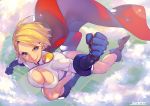  1girl blonde_hair blue_eyes blue_footwear blue_gloves boots breasts cape cleavage cleavage_cutout dc_comics flying gloves kotatsu_(g-rough) leotard lips looking_back muscle outdoors power_girl red_cape sky smile superhero western_comics white_leotard 