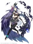  1girl absurdly_long_hair anklet aqua_eyes barefoot bracelet breasts earrings fins full_body full_body_tattoo hair_ornament holding holding_staff jewelry ji_no large_breasts long_hair looking_at_viewer navel ningyo_hime_(sinoalice) official_art pearl_(gemstone) pearl_bracelet ponytail purple_hair revealing_clothes sailor_collar sinoalice smoke solo square_enix staff tattoo very_long_hair white_background 