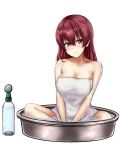  1girl alternate_hairstyle bangs bare_shoulders basin bathing blush bottle breast_squeeze breasts cleavage closed_mouth collarbone hair_between_eyes hair_down heterochromia highres hololive houshou_marine kinkin18 large_breasts long_hair looking_at_viewer naked_towel partially_submerged pink_hair red_eyes shower_head sitting smile solo spray_bottle towel virtual_youtuber water yellow_eyes 