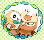  2016 ambiguous_gender avian bird bow_tie brown_feathers dotted_background duo feathers feral green_background green_feathers nintendo noctowl pattern_background pok&eacute;mon pok&eacute;mon_(species) red_eyes rowlet sheuri simple_background video_games white_feathers yellow_feathers 樹守▼キモリ色に染まる日々 