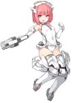  1girl :d aikawa_aika alice_gear_aegis armpit_crease bangs bare_shoulders blush breasts elbow_gloves eyebrows_visible_through_hair full_body gloves grey_legwear groin gun headgear highres holding holding_gun holding_weapon karukan_(monjya) leotard looking_at_viewer mecha_musume open_mouth pink_hair purple_eyes simple_background small_breasts smile solo thighhighs weapon white_background white_gloves white_leotard 