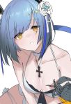  1girl :o azur_lane bangs bare_shoulders bikini blue_hair breasts choker collarbone crab cross cross_necklace eyebrows_visible_through_hair eyes_visible_through_hair flower gascogne_(azur_lane) hair_flower hair_ornament highres jewelry looking_at_viewer medium_breasts necklace nishikikope open_mouth ribbon_choker sidelocks simple_background sitting solo swimsuit white_background white_bikini yellow_eyes 