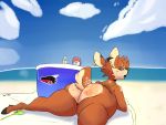  2019 4:3 absurd_res anthro antlers bad_dragon beach big_butt bikini black_nose blush bodily_fluids butt cervid clothing cooler detailed_background digital_media_(artwork) ear_piercing ear_ring eyewear female fur glasses hair hi_res hooves horn lying mammal midi_(mofupaws) mofupaws nude on_front outside piercing seaside sky smaller_version_at_source solo spanking spots spotted_fur sweat swimwear thick_thighs water wide_hips 